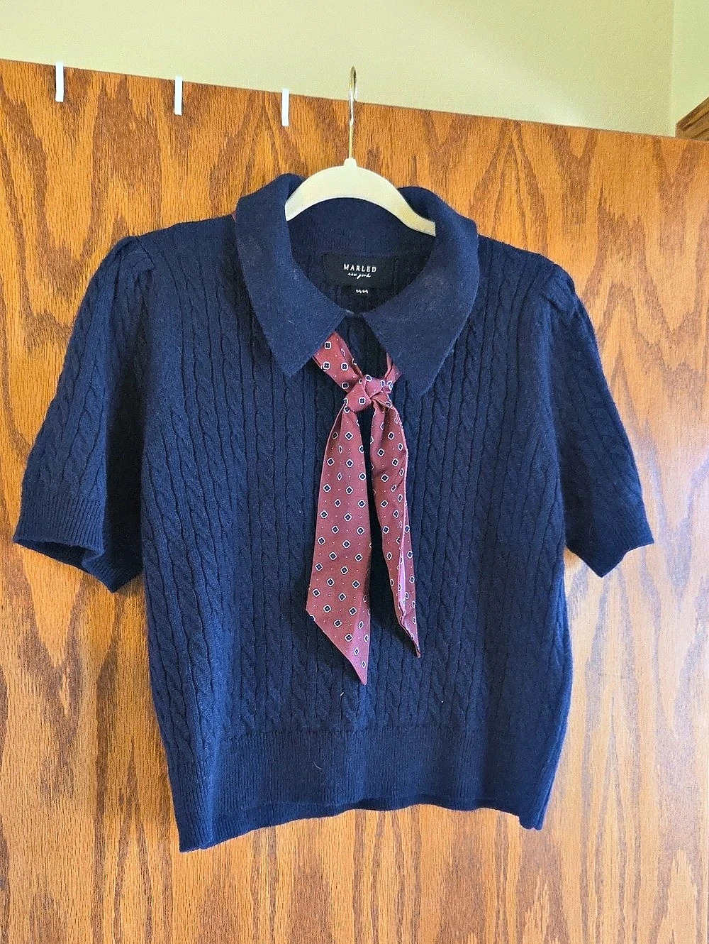 Marled Cable Knit Short Sleeve Top in Blue Size Medium